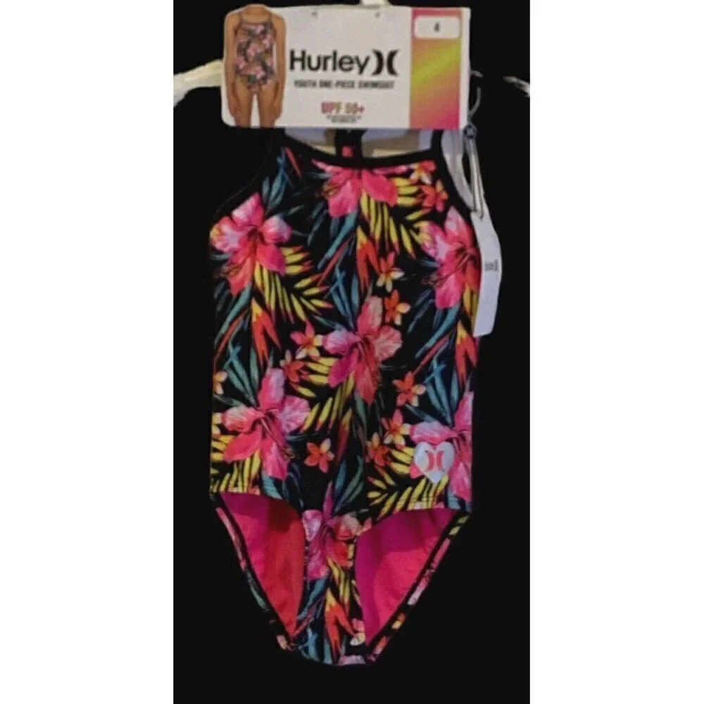 Hurley Girls UPF 50+ One Piece Quick Dry Swimsuit Youth Size 4 Pink Floral